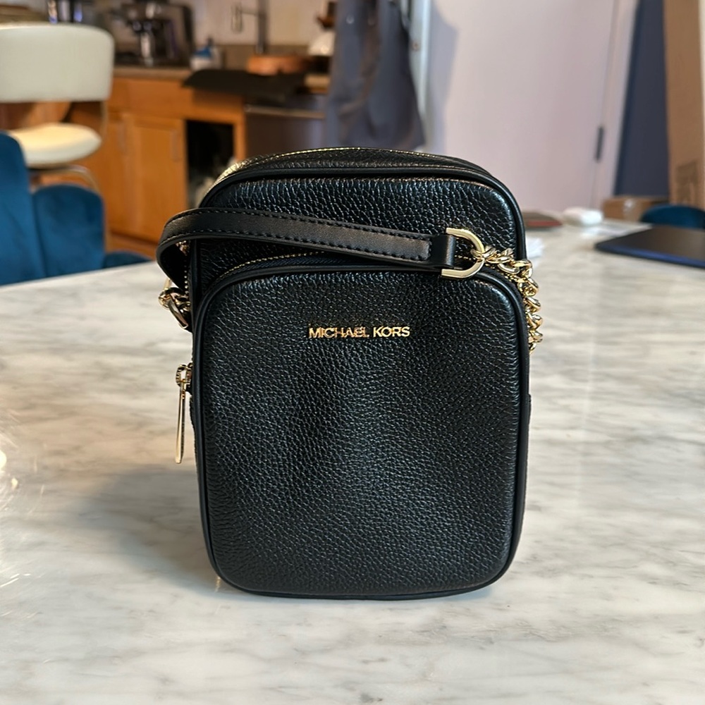 Jet Set Flight Bag Crossbody Black Pebbled Leather Gold